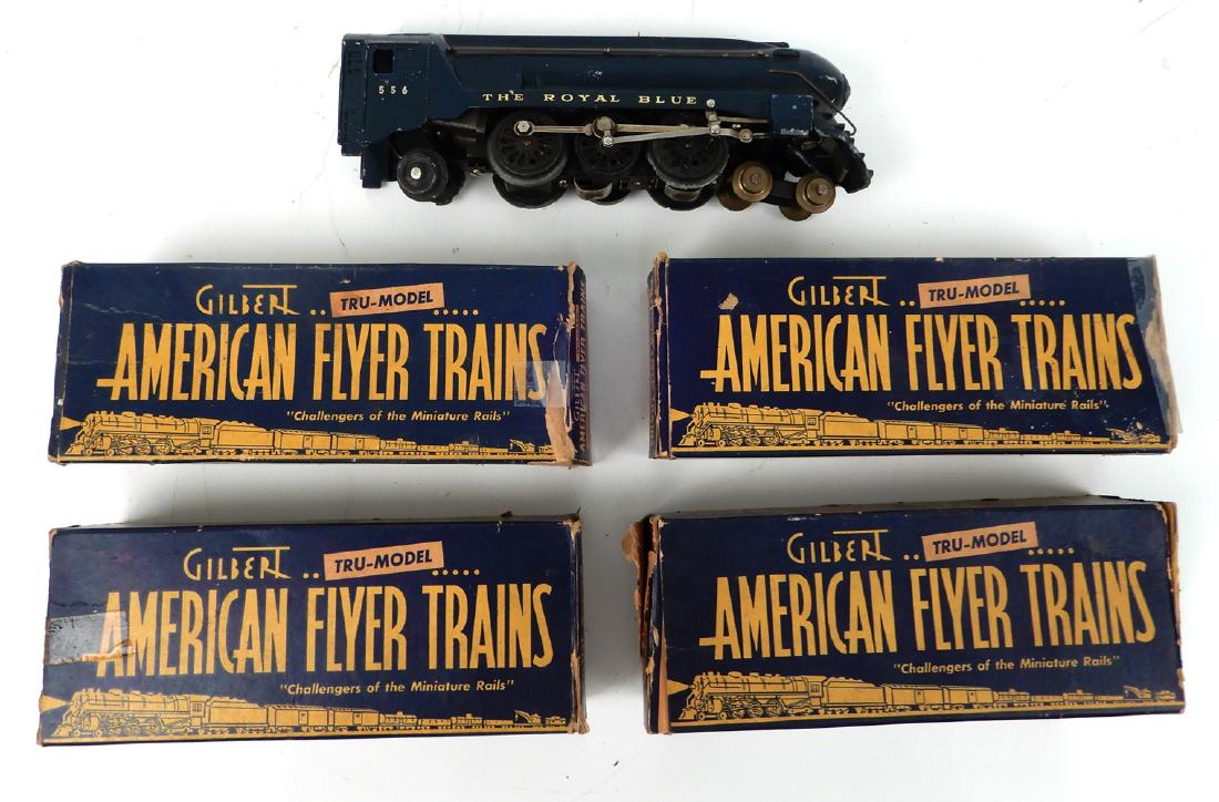 Pre-War American Flyer 3/16 O gauge train set 4105: Pre-War American Flyer 3/16 O gauge train set 4105 with original set box, includes #556 4-6-4 royal blue steam engine with whistle tender (not tested), #484 red caboose, #480 yellow/orange shell tank 