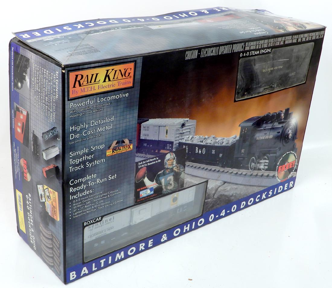 MTH Rail King Baltimore & Ohio Docksider freight train: MTH Rail king Baltimore & Ohio Docksider freight train set in original box, pre-owned set includes 0-4-0 docksider, B & O boxcar, B & O extended gondola and B & O red work caboose, comes with eight pi
