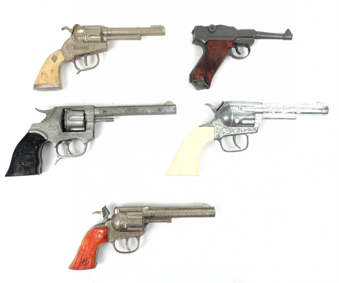 Five metal cap guns: Five metal cap guns, three Hubley, one Kilgore and one Crescent Toys automatic style, all in working condition, 1950's-'60's