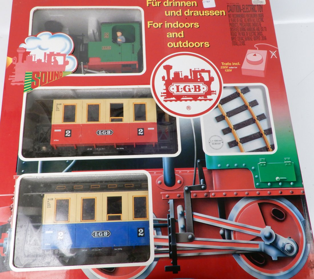 LGB-Starter G gauge train set: LGB-Starter G gauge train set with European style engine, two passenger cars, two freight cars and power pack, 1990's