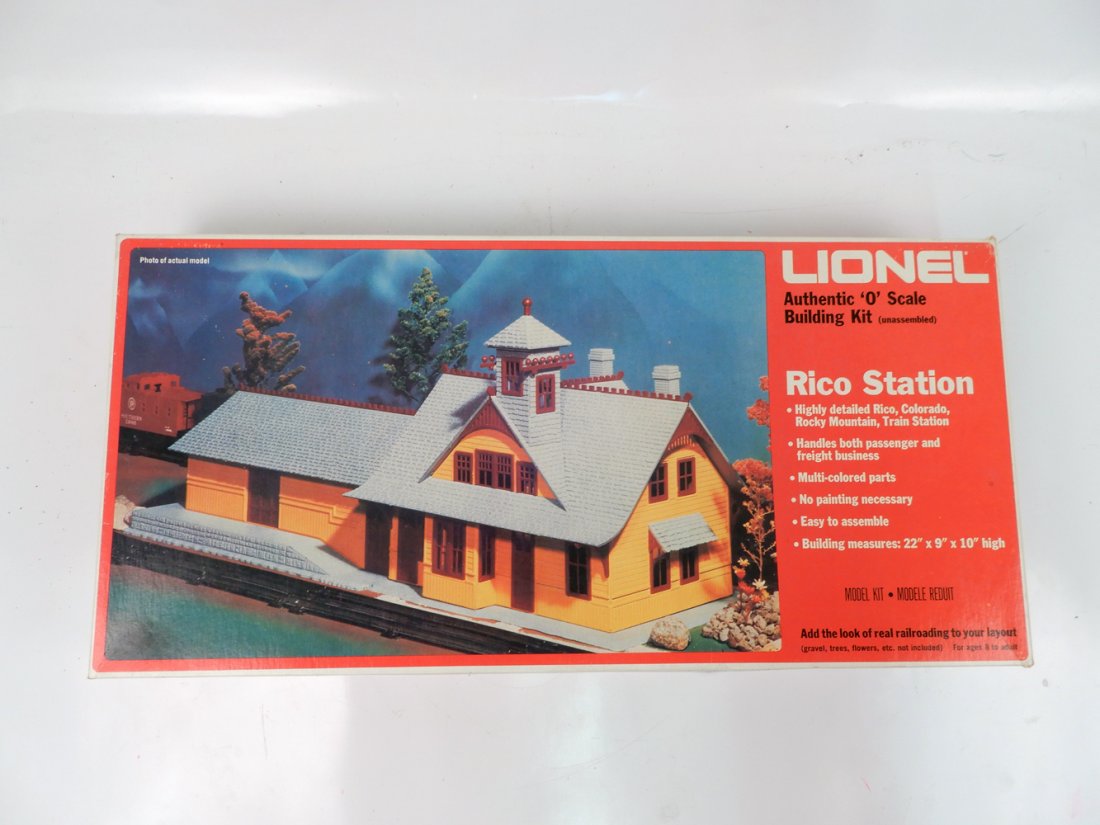 Three Lionel accessories: Three Lionel O gauge accessories, Lionel #450 Signal bridge with original box and insert, #456 Coal Ramp set in original box, has button but it has to be reassembled, otherwise complete & Rico Station