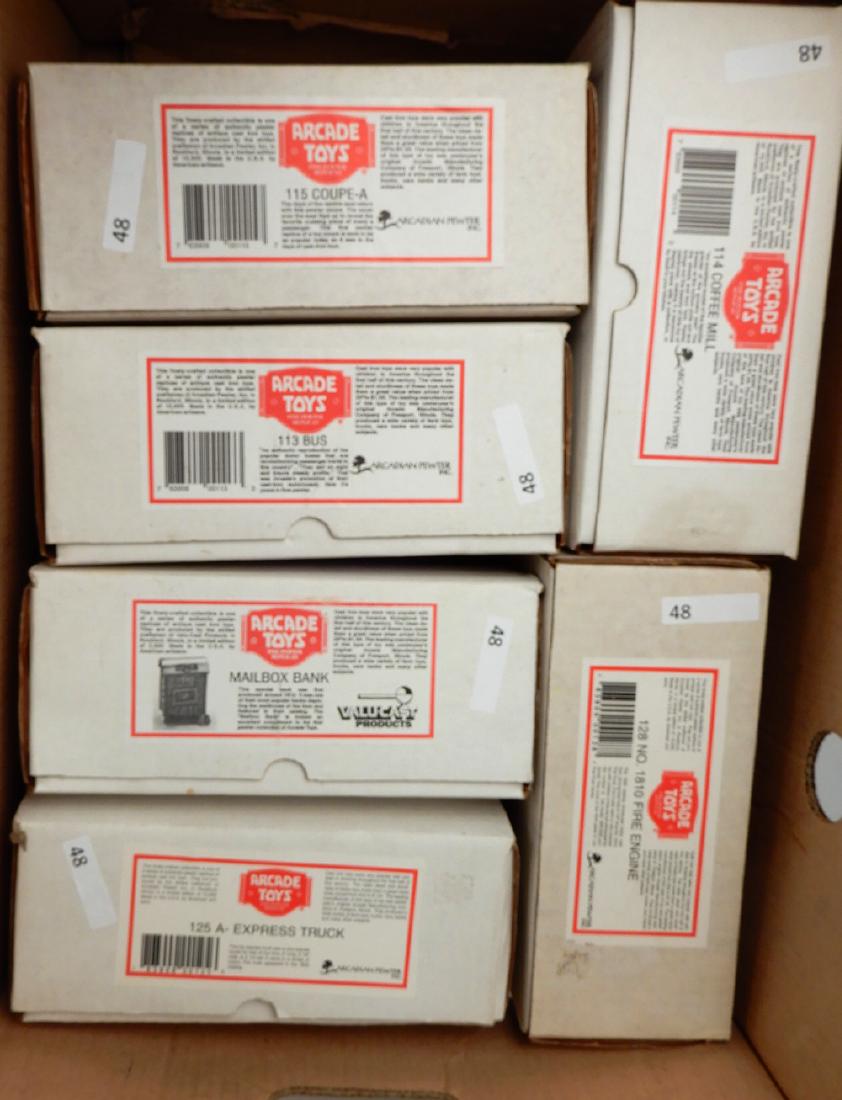 Six Value Cast pewter re-issues of Classic Arcade toys: Six Value Cast pewter re-issues of Classic Arcade toys, limited editions, The Mail Box, 125-A Express Truck, 113 Bus, 115 Coupe A, Coffee Mill, and #128 1810 Fire Engine, with boxes