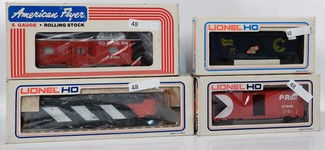 Modern trains and accessories: Modern trains and accessories, Lionel H.O. Canadian National Alco diesel engine, Lionel H.O. Canada Pacific box car, Chessie system box car, American Flyer by Lionel Southern red bay window caboose, t