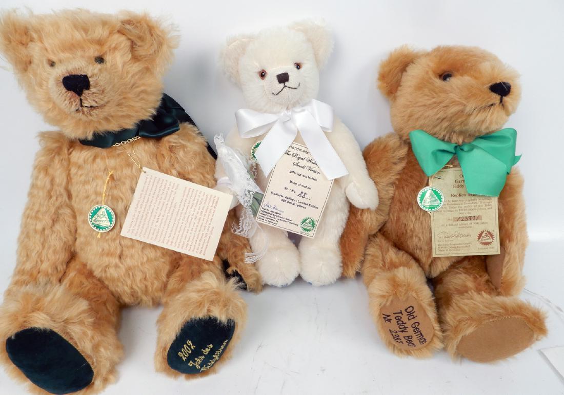 Three Hermann teddy bears: Three Hermann teddy bears, The Royal Wedding Bear small version No. 88 William Kate, Annual Bear 2002 Penti - growler, and Old German Teddy Bear Replica 1929, largest 16", signed on bottom of foot, wi