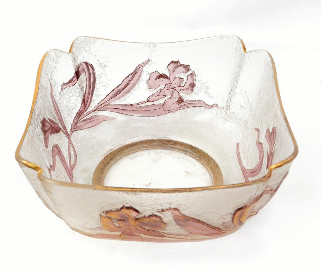 Daum Nancy enameled cameo glass bowl: Daum Nancy enameled cameo glass bowl Iris, signed on bottom, 3 3/4" high x 8" x 8"6