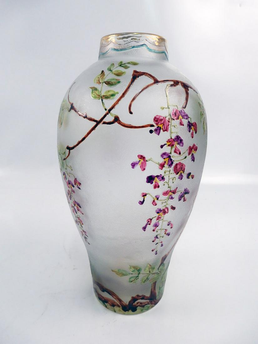Daum Nancy enameled vase Wisteria: Daum Nancy enameled vase Wisteria, 12" signed near bottom
