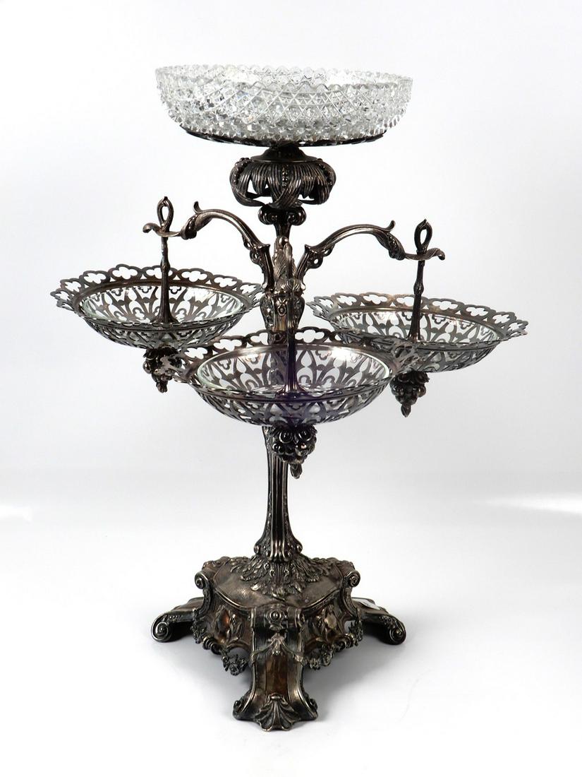 English Victorian crystal and silver plate epergne: English Victorian crystal and silver plate epergne, 20 1/2" high x 18" diameter
