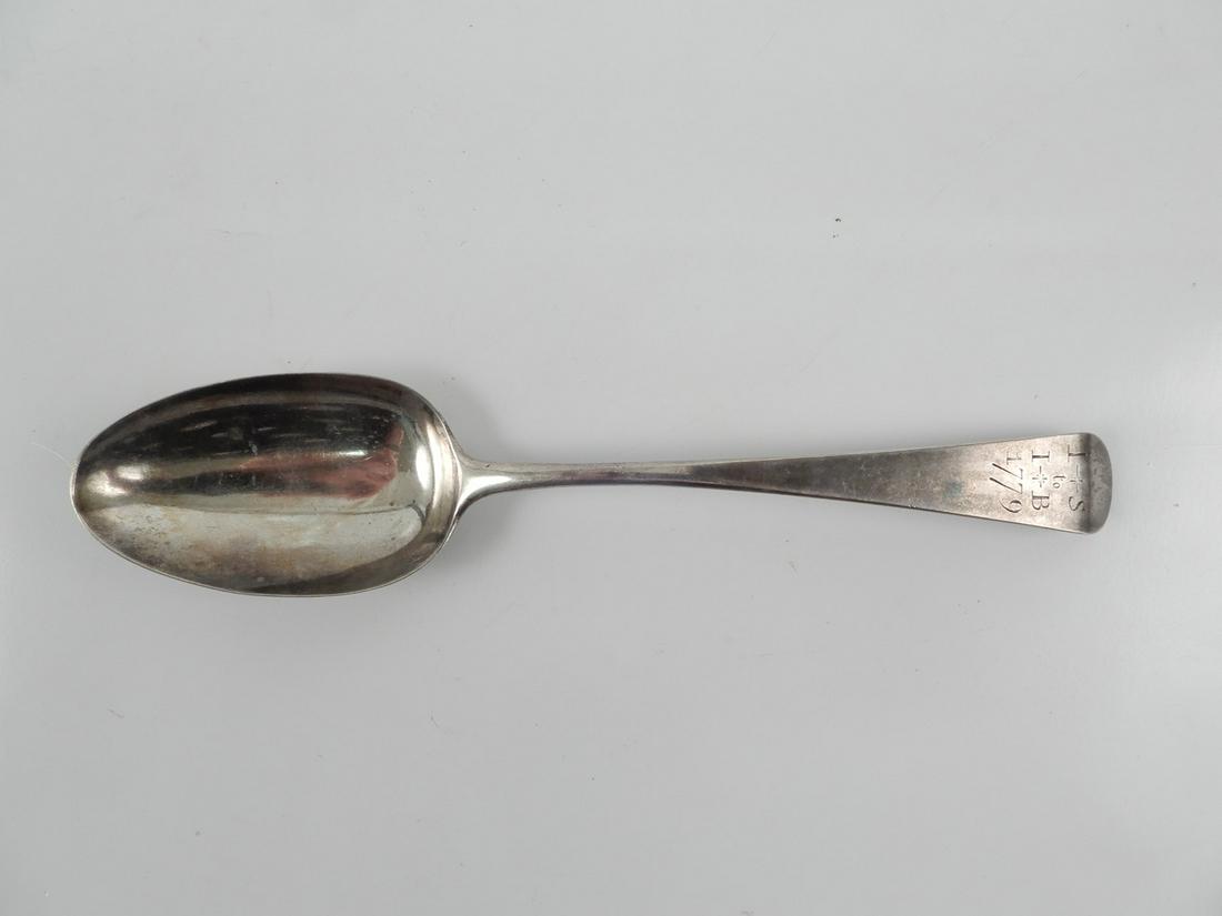 1777 English sterling silver spoon: 1777 English sterling silver spoon hallmarked London GS George Smith, 8", engraved IS to IB 1779, 8", 1.420 ozt