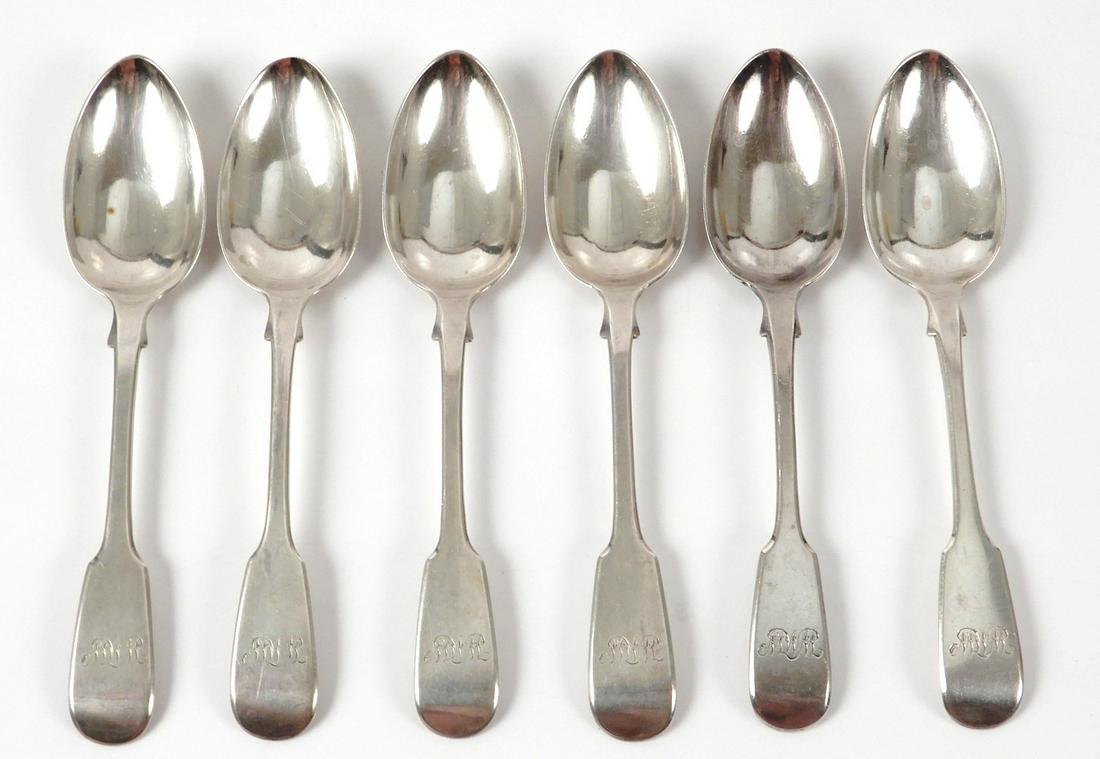 Set of six English sterling silver table spoons: Set of six English sterling silver table spoons, engraved, hallmarked, King William IV duty mark 1834-1837, 7 1/4", 1836, 9.965 ozt.