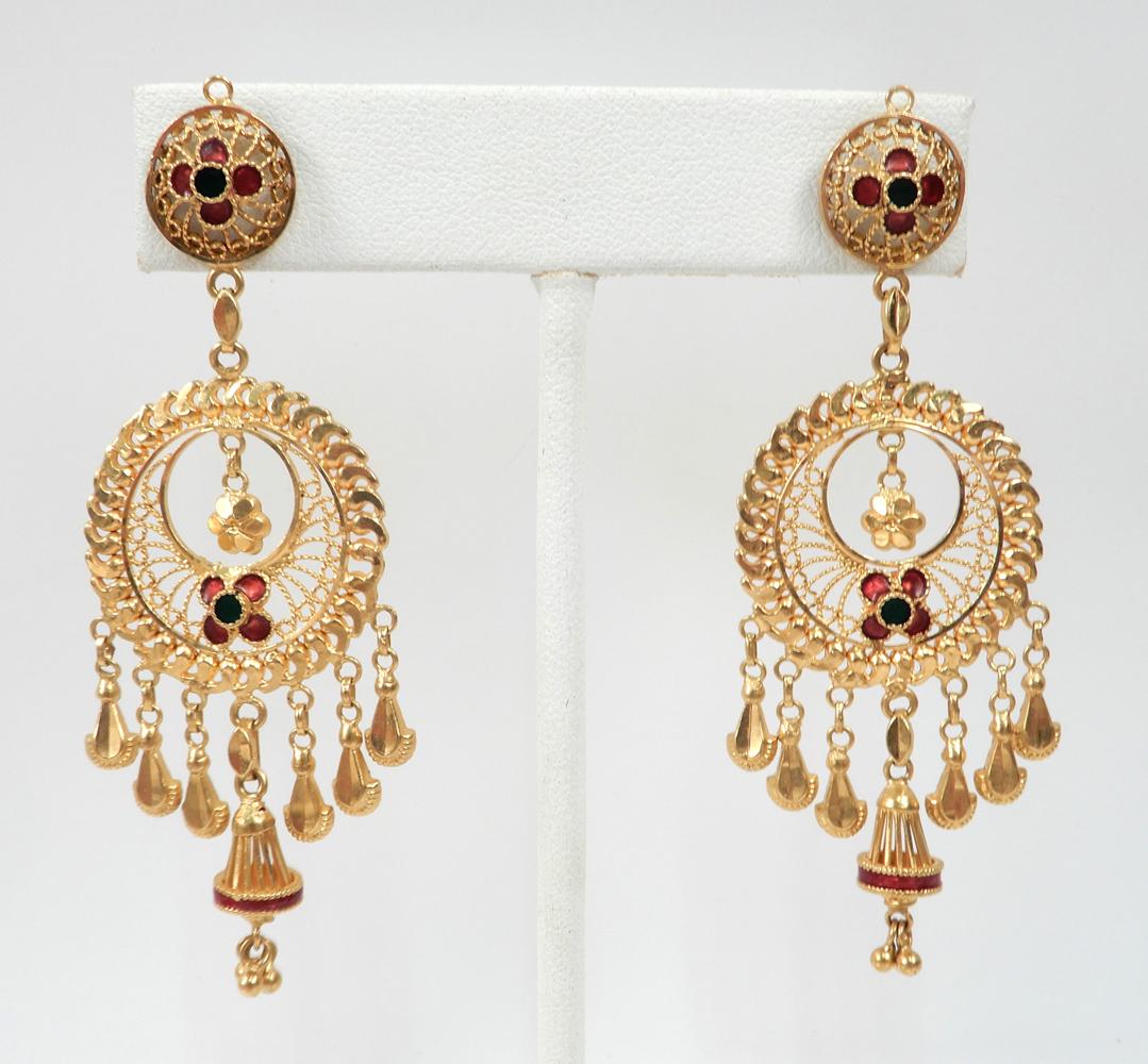 22k gold filigree drop earrings: 22k gold filigree drop earrings, handmade with red and green enameling, pierced post backs, 2 3/4" long, stamped 930 (22K) K.D.M., weight 13.7 grams/8.8 dwt