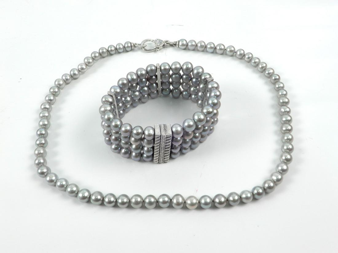 Judith Ripka gray pearl necklace and bracelet: Judith Ripka gray pearl necklace and bracelet, 20" strand of 8mm round freshwater pearls, sterling silver clasp with CZ's, and four strand matching bracelet, 7 1/2" long x 1 1/4" wide, vertical sterli