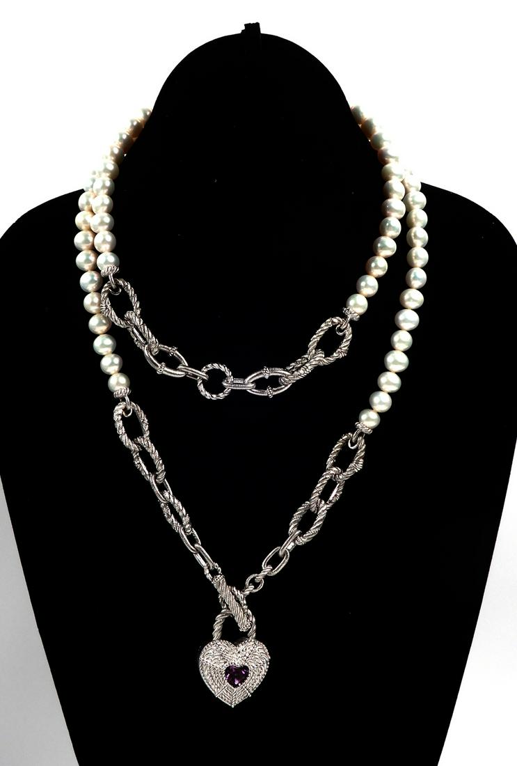 Judith Ripka sterling silver pearl necklace: Judith Ripka sterling silver pearl necklace, sterling silver cable links and 8mm freshwater pearls, 20" long, toggle clasp, 1 1/2" long heart pendant with purple stone, necklace and pendant stamped Ju