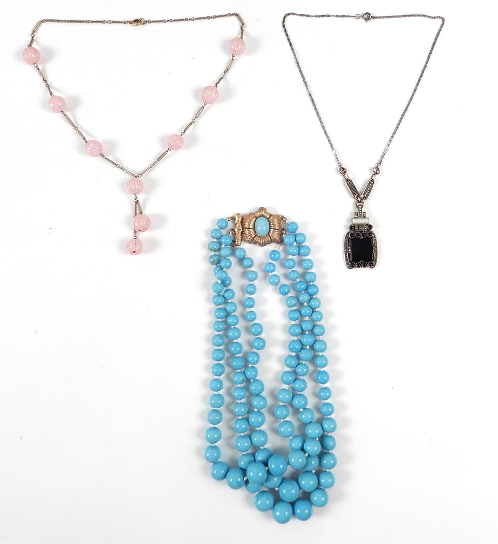 Three vintage costume jewelry necklaces: Three vintage costume jewelry necklace including Joseph Mazer triple strand turquoise color bead necklace, 15" long, 2" center drape, Art Deco pink glass necklace with silver plated enameled chain, 17
