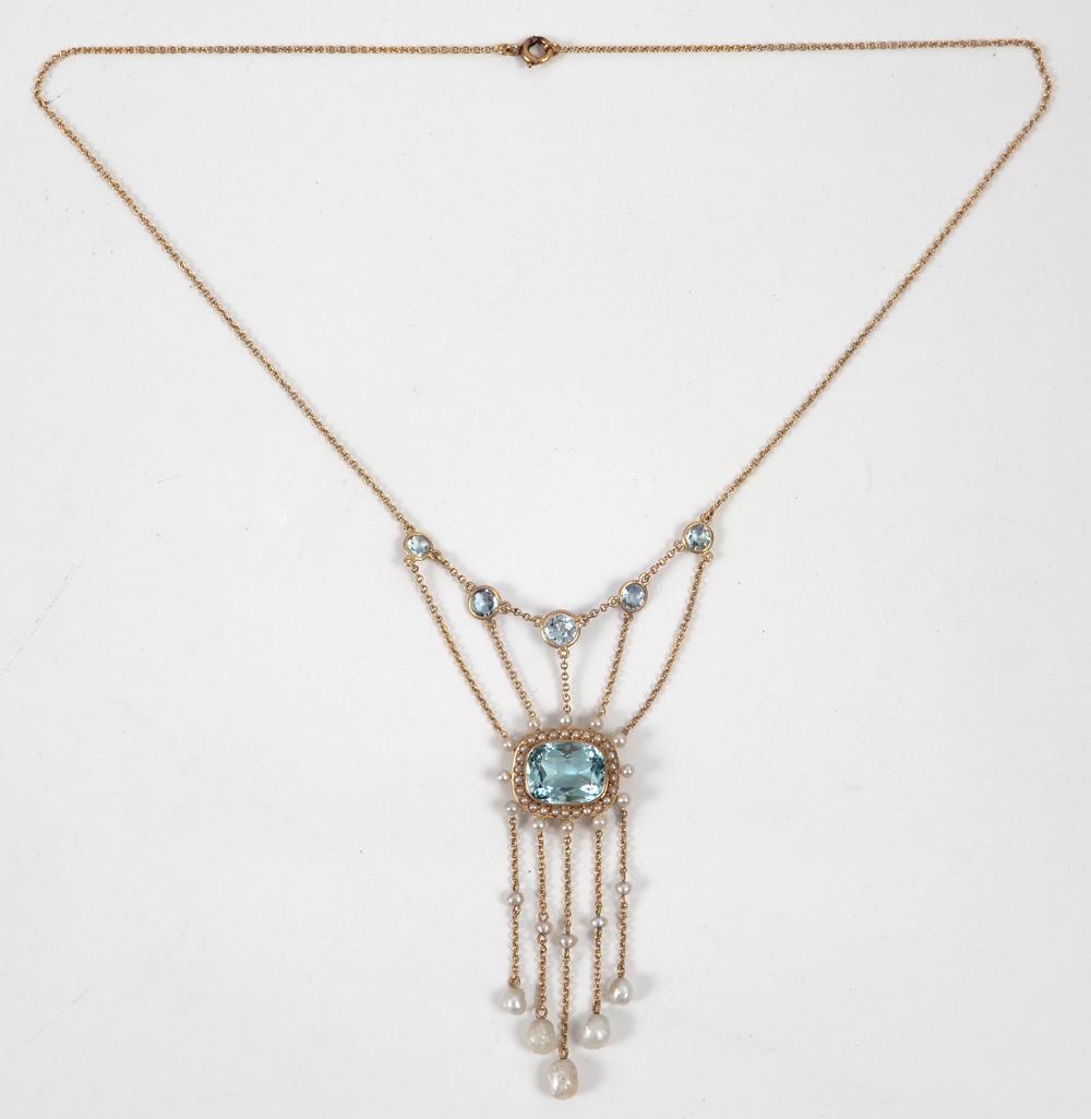 Edwardian 14k gold aquamarine necklace and earrings: Edwardian 14k gold aquamarine necklace and earrings, festoon style with central rectangular aquamarine measuring 12mm x 8mm, surrounded by seed pearls and slightly larger pearls around edge, suspended