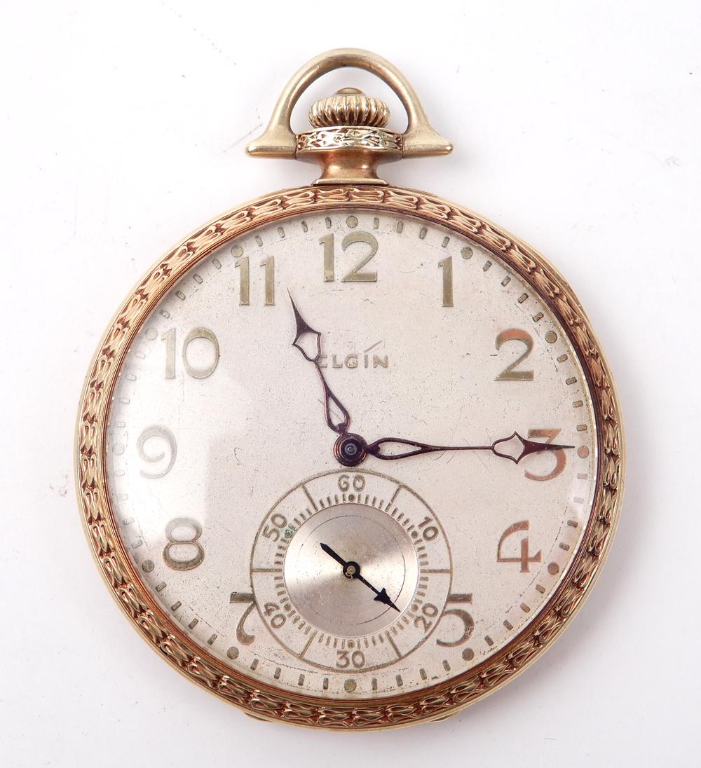 Elgin platinum on 14k gold pocket watch: Elgin Platinum on 14k gold pocket watch, open face, 1 3/4" diameter, 21 jewel movement, inside case marked Lord Elgin Wadsworth Platinum on 14k Lord Elgin, out case stamped inside Wadsworth Platinum o