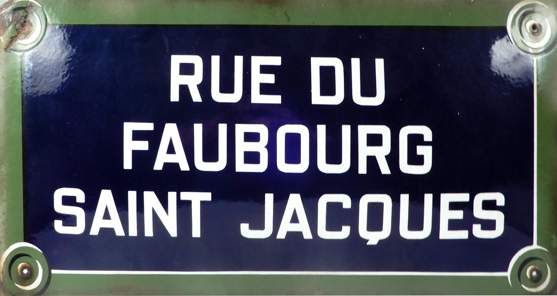 Parisian enameled iron street sign: Parisian enameled iron street sign Rue du Faubourg Saint Jacques, convex form, 15 1/2" x 31 1/2"