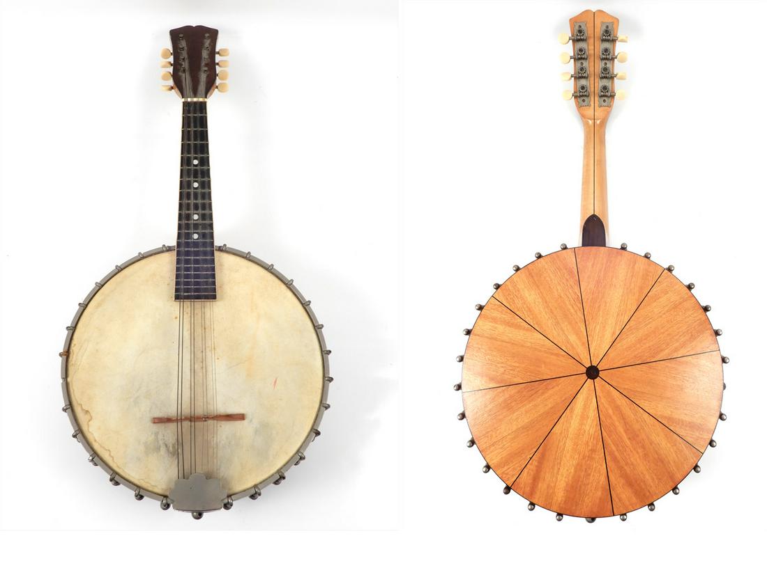 Inlaid eight string banjo: Inlaid eight string banjo, unmarked, 24"