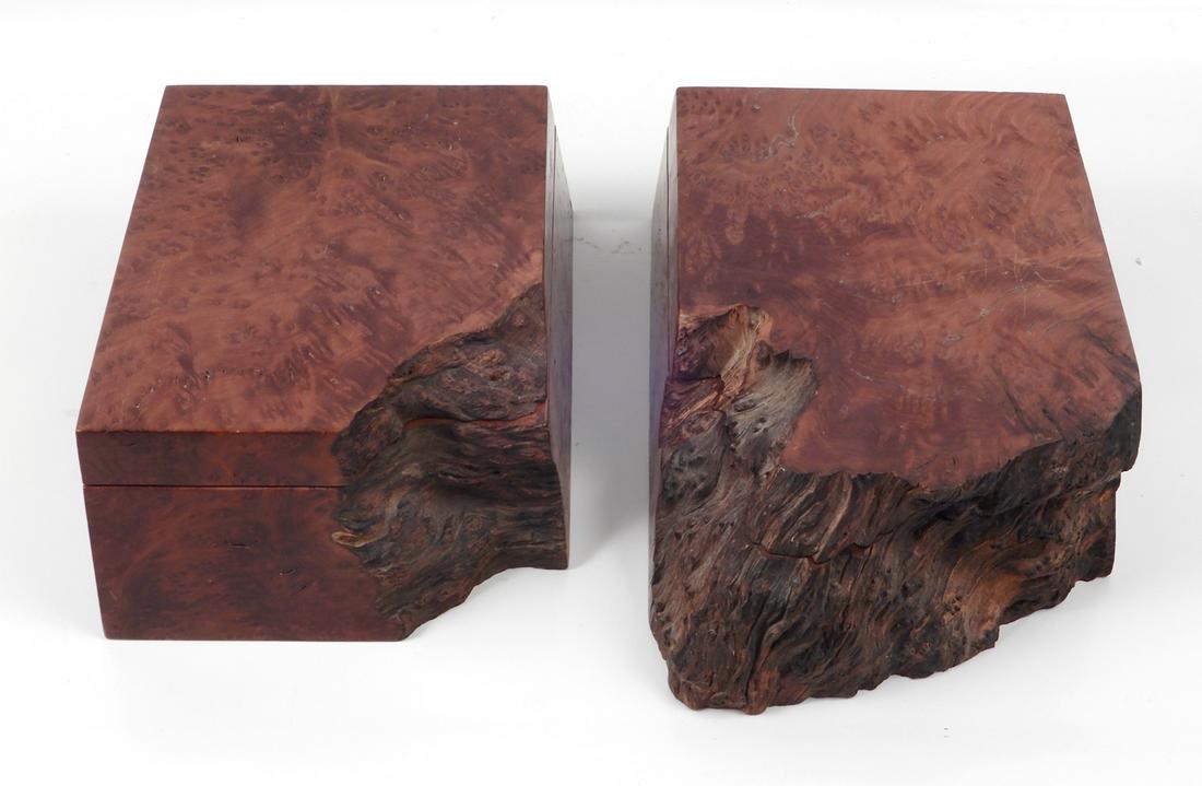 Two burled wood dresser boxes by Michael Elkan: Two burled wood dresser boxes by Michael Elkan, signed on bottom, 4" x 8" x 6" and 3" x 9" x 6"