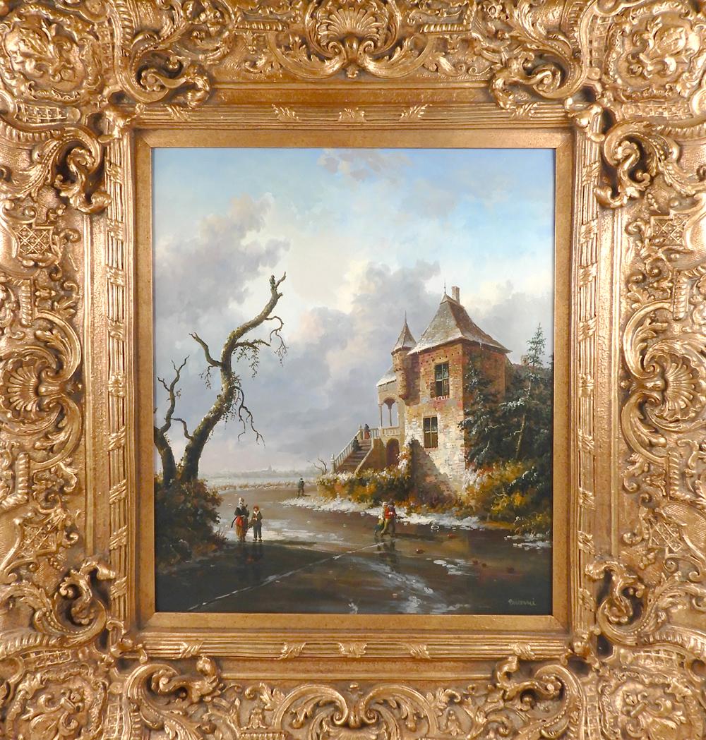 Continental School oil on canvas: Continental School oil on canvas, old house by the sea, signed lower right (illegible), sight size 24" x 20", frame size 39" x 34 1/2"