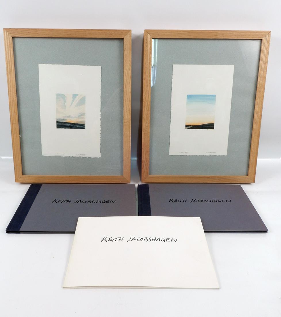 Keith Jacobshagen watercolor on paper with books: Keith Jacobshagen two watercolors on paper with books #1 and #7 of 30, watercolors, signed, dated and titled on bottom, book written by John Arthur May 1990 and signed by John Arthur and Keith Jacobsh
