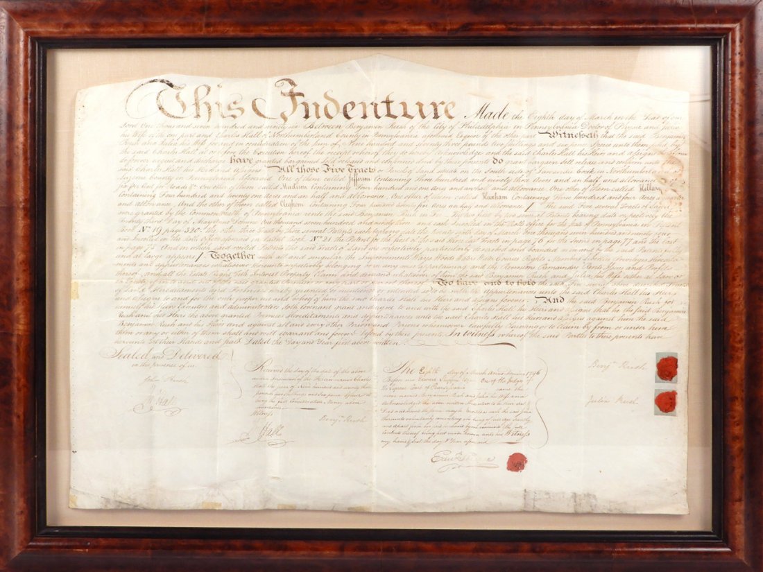 Benjamin and Julia Rush indenture dated 1796: Benjamin and Julia Rush indenture dated 1796, Benjamin and Julia Rush selling land to Charles Hall in Northcumberland Luzurne County Pennsylvania, signed by Benjamin and Julia Rush with wax seals, als