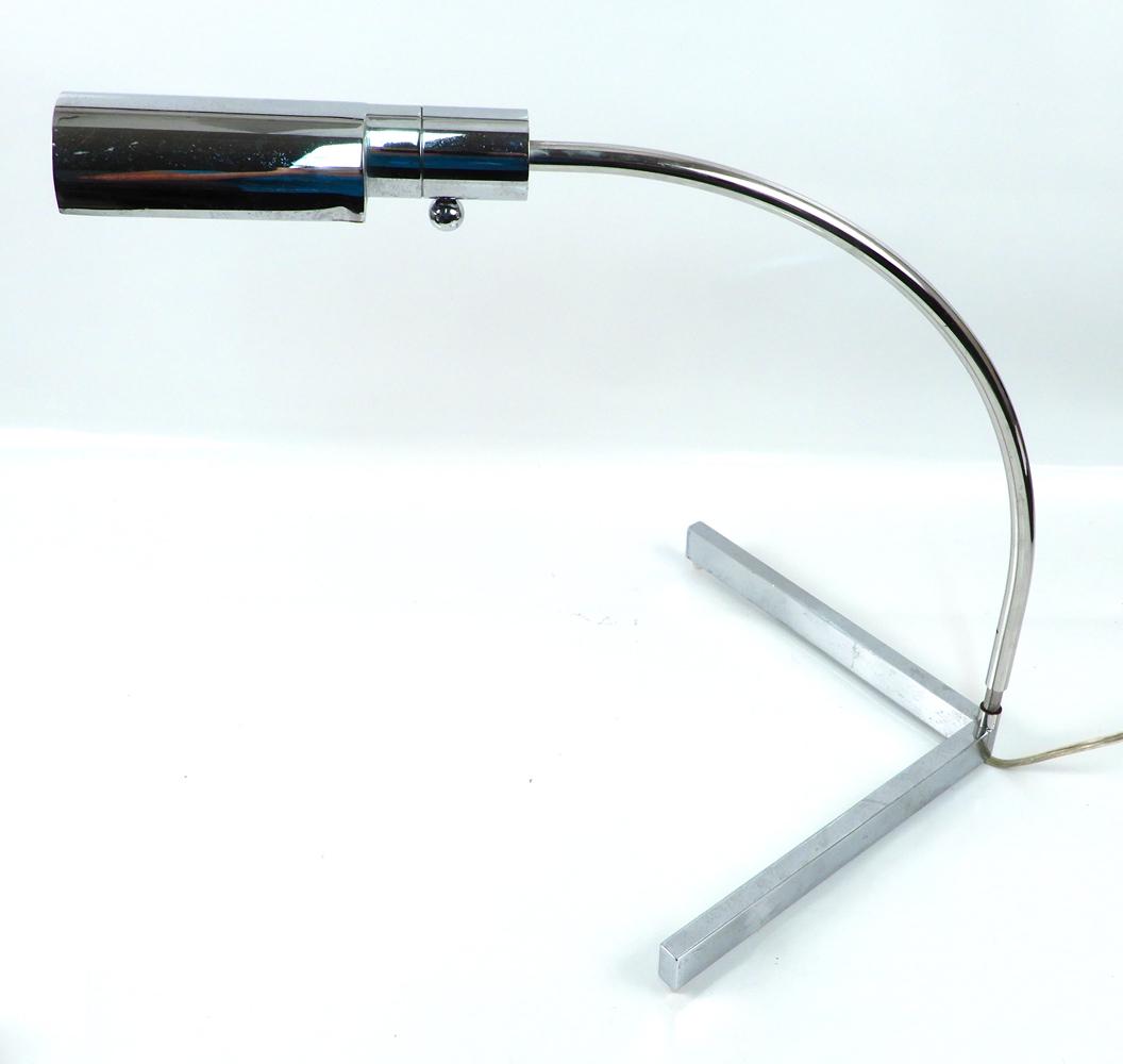 In the style of Cedric Hartman contemporary chrome desk: In the style of Cedric Hartman contemporary chrome desk lamp, swivels, 16"