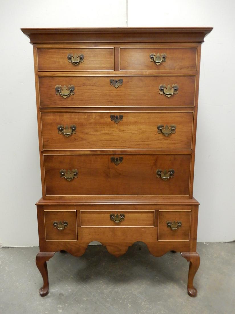 Leopold Stickley cherry highboy: Leopold Stickley cherry highboy, label and brand inside drawer