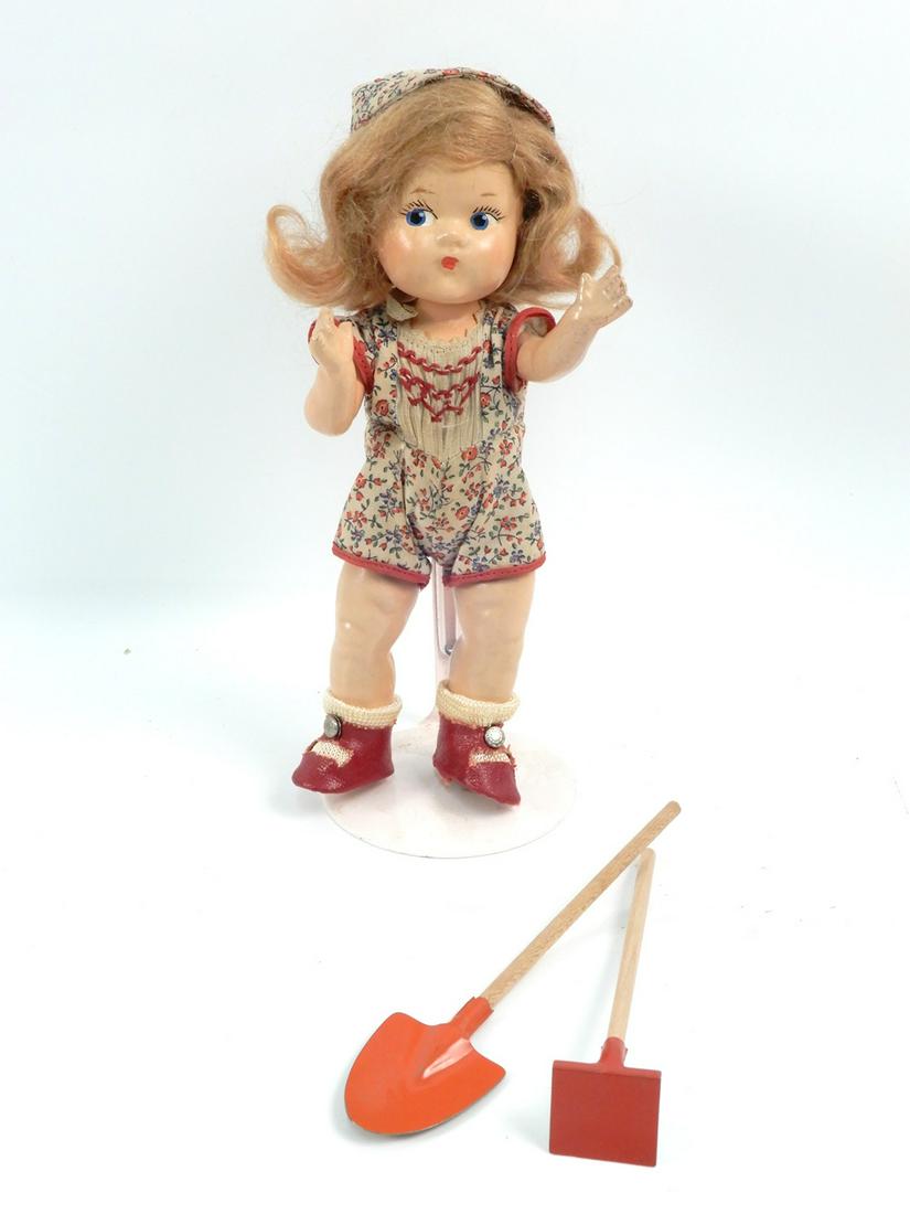 Vogue Ginny Toodles composition Garden Girl in box: Vogue Ginny Toodles composition Garden Girl in box, all original with tools, 1940's