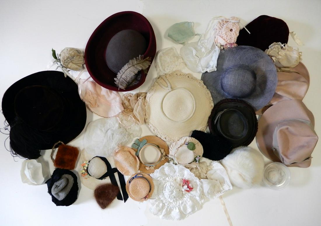 Box of mostly antique and vintage doll hats and bonnets (1 of 1)