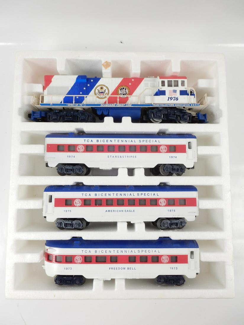 TCA Bicentennial Special Train set by Lionel in box: TCA Bicentennial Special Train set by Lionel in box, O gauge, set consists of #1976 diesel engine marked TCA and with U.S. symbols, #1973 Freedom Bell observation car, #1974 Stars and Stripes coach, a
