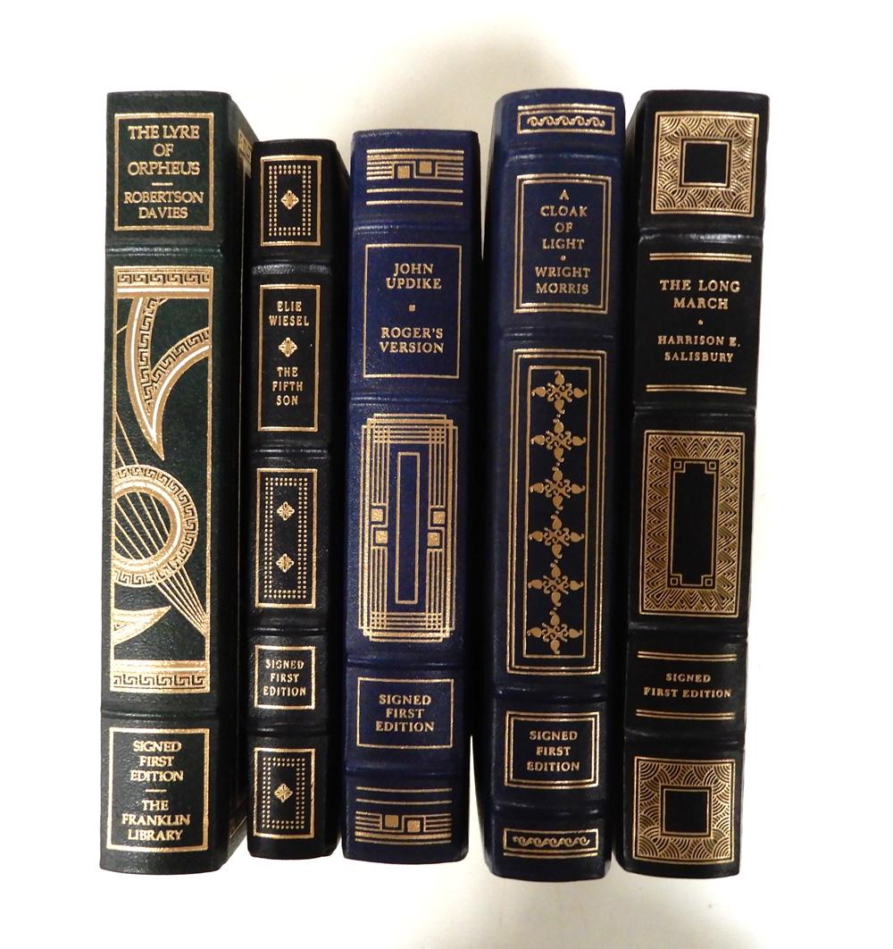 Franklin Library five signed first edition books: Franklin Library five signed first edition books gilt leather bound AEG, A Clock of Light by Wright Morris, The Long March by Harrison E. Salisbury, The Lyre of Orpheus by Robert Davies, The Fifth Son
