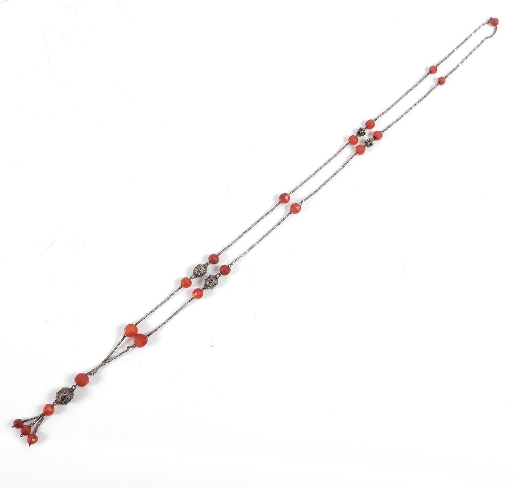 Vintage silver filigree carnelian bead necklace: Vintage silver filigree carnelian bead necklace, 36" long chain with carnelian and silver filigree bead stations, 3" center drop with carnelian and silver filigree beads, weight 41.4 grams