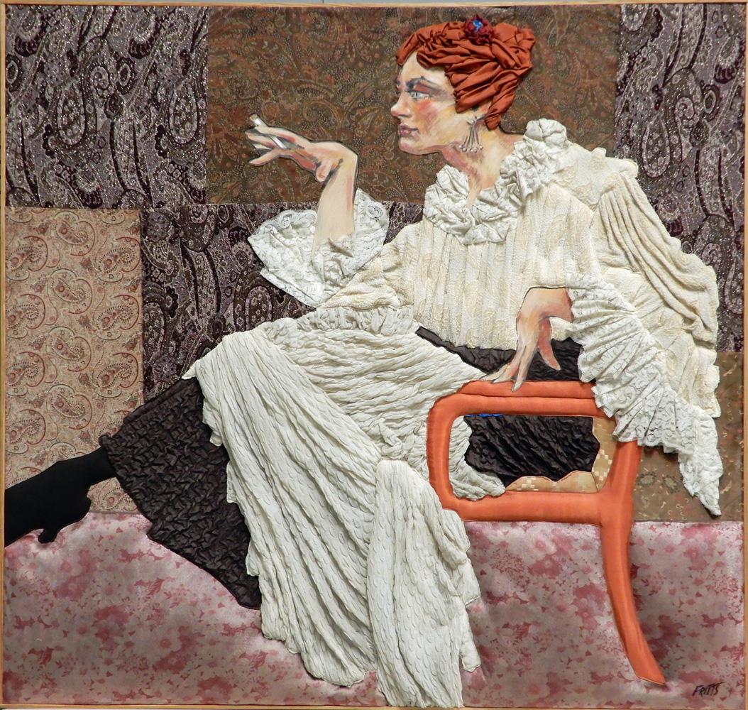 (Ron) Fritts mixed media: (Ron) Fritts mixed media, red haired seated female in elegant dress smoking, signed lower right, 45" x 47"