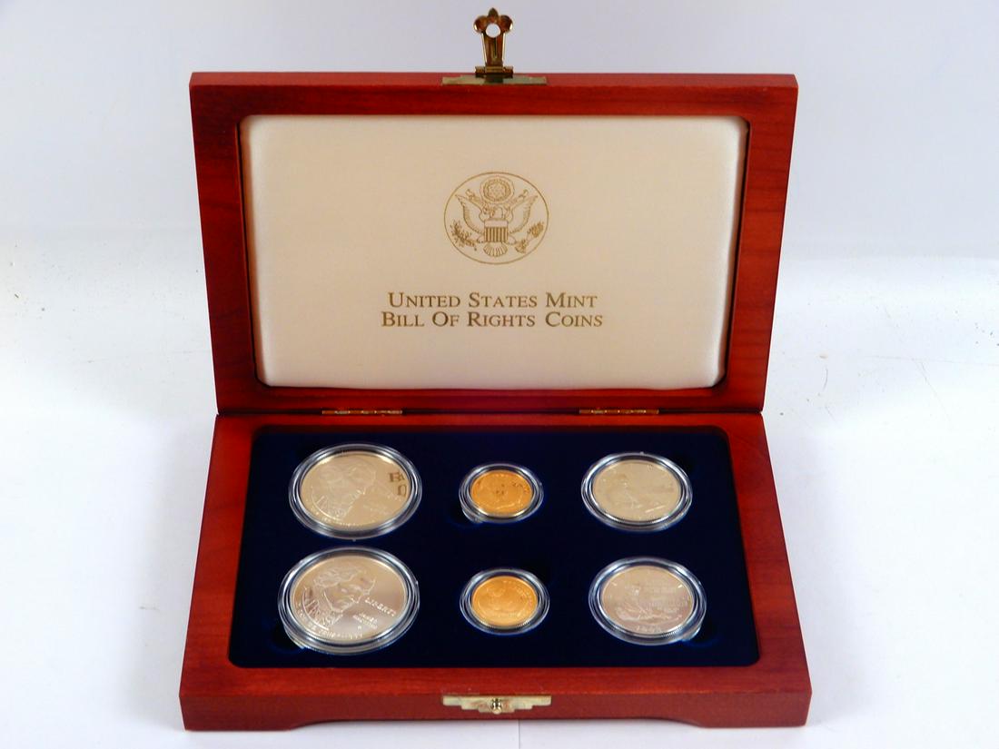 U.S. Mint 1993 Bill of Rights Commemorative Coins set: U.S. Mint 1993 Bill of Rights Commemorative Coins Set, six coin set, with COA. Consisting of two $5 gold coins, two silver dollars and two silver half dollars