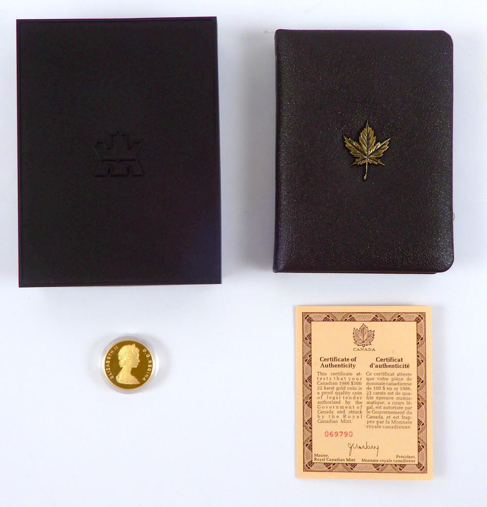 1986 Canadian $100.00 Gold Coin: 1986 Canadian $100.00 Gold Coin, with COA. 22k. From the Royal Canadian Mint