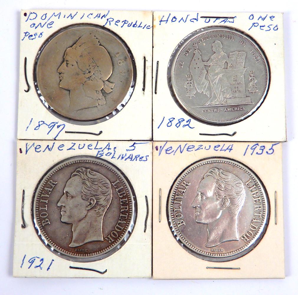 Lot of Central and South American Silver Coins: Lot of Central and South American Silver Coins. 1921 and 1935 Five Bolivares Venezuela, 1897 one Peso Dominican Republic, 1882 one Peso Honduras