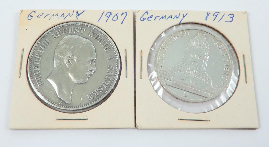 Two German silver Commemorative Coins: Two German silver Commemorative Coins. 1813-1913 Kingdom of Saxony silver commemorative issue 100th anniversary of the Battle of Leipzig and 1907 German States Prussia silver 5 mark