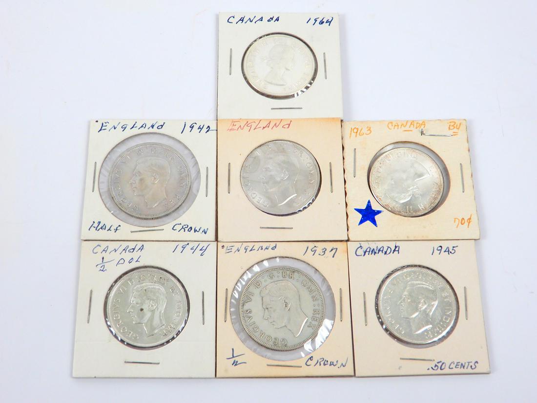Lot of Silver Coins, England: Lot of Silver Coins, England. 1943 half crown, 1963 fifty cents, 1937 half crown, 1945 fifty cents, 1942 half crown, 1944 fifty cents and 1964 fifty cents
