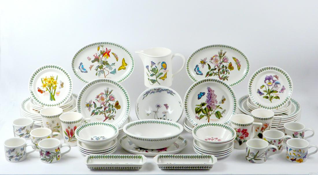 Set of Portmerion The Botanical Garden dinnerware: Set of Portmerion The Botanical Garden dinnerware, includes twelve dinner plates 10 1/2", eight 8 1/2" plates, one bowl 8 1/2", eight 7 1/4" plates, four 6 1/2" bowls, one pitcher 5 3/4" high, eight 6