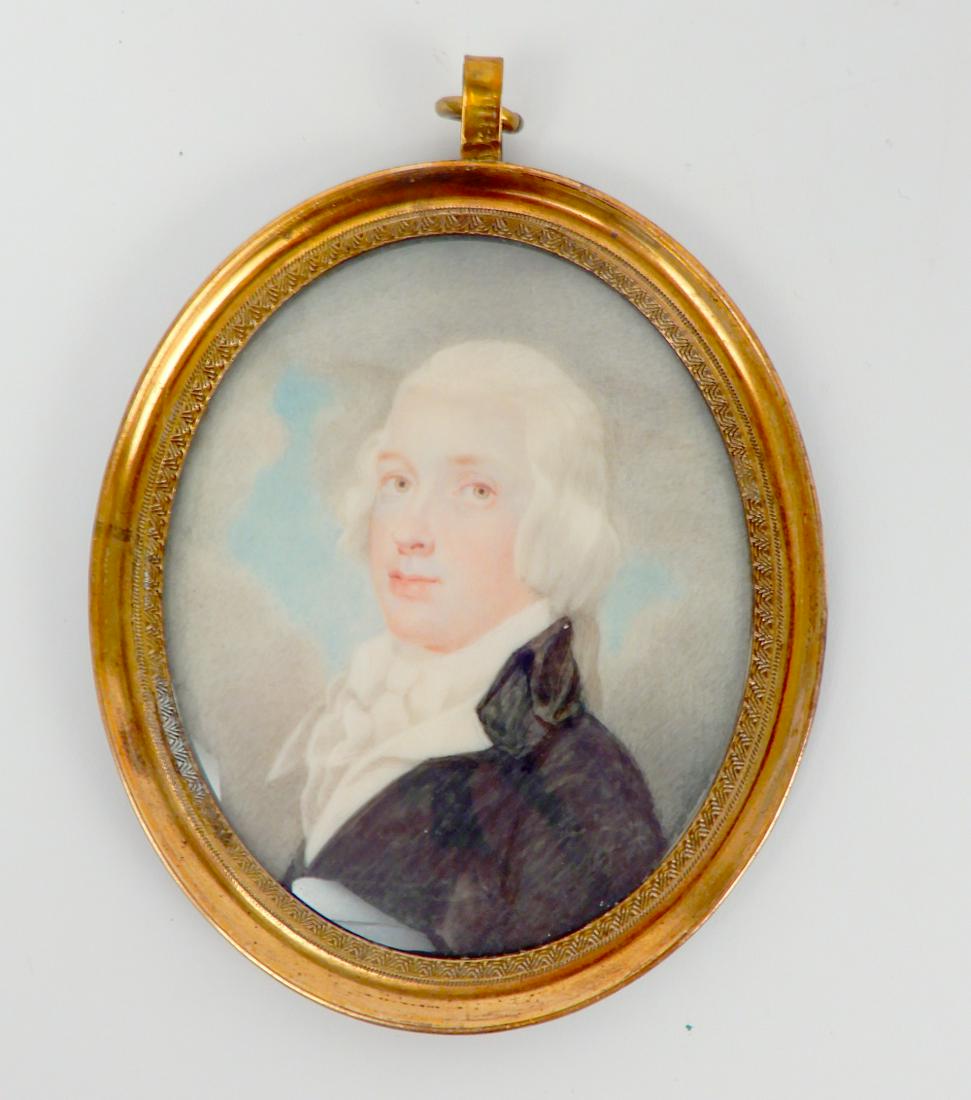 Hand painted miniature portrait of Richard Twining: Hand painted miniature portrait of Richard Twining, director of East India Co. in 1793, graphite and ink script on verso and attached newspaper article, in gilt metal frame, 3 1/2" x 3", 4" with bail