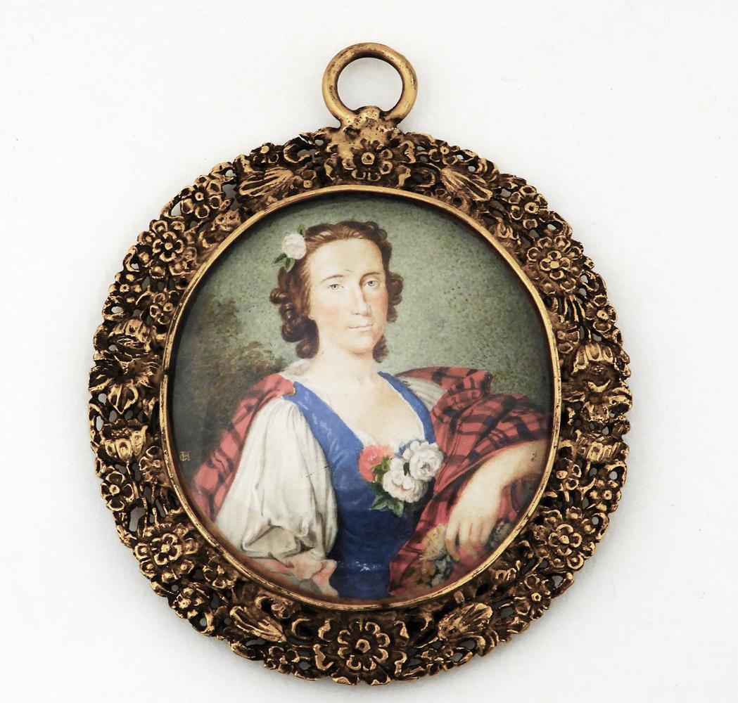 Hand painted miniature portrait of Flora Macdonald: Hand painted miniature portrait of Flora Macdonald engraved on back plate Flora Macdonald 1749 (After the Picture by Ramsey in the Bodleian Gallery) by L. Harding, frame tests low karat gold, unmarked