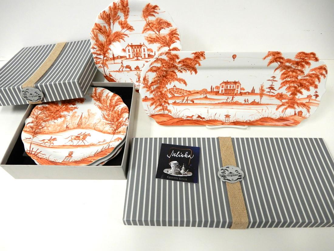 Juliska Country Estate dinnerware: Juliska Country Estate dinnerware, four 8 1/2" plates and a 16" platter in original gift boxes