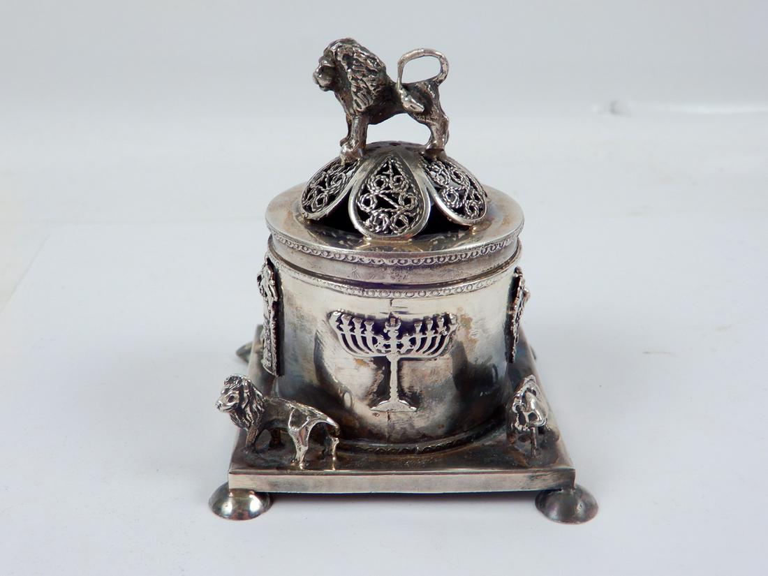 Russian silver Etrog box: Russian silver Etrog box with full figure standing lions on finial and each corner of plinth, half ball feet, marked 84 O.C., has Menorah, Star of David, Torah and Russian coat of arms on sides, 3 1/4