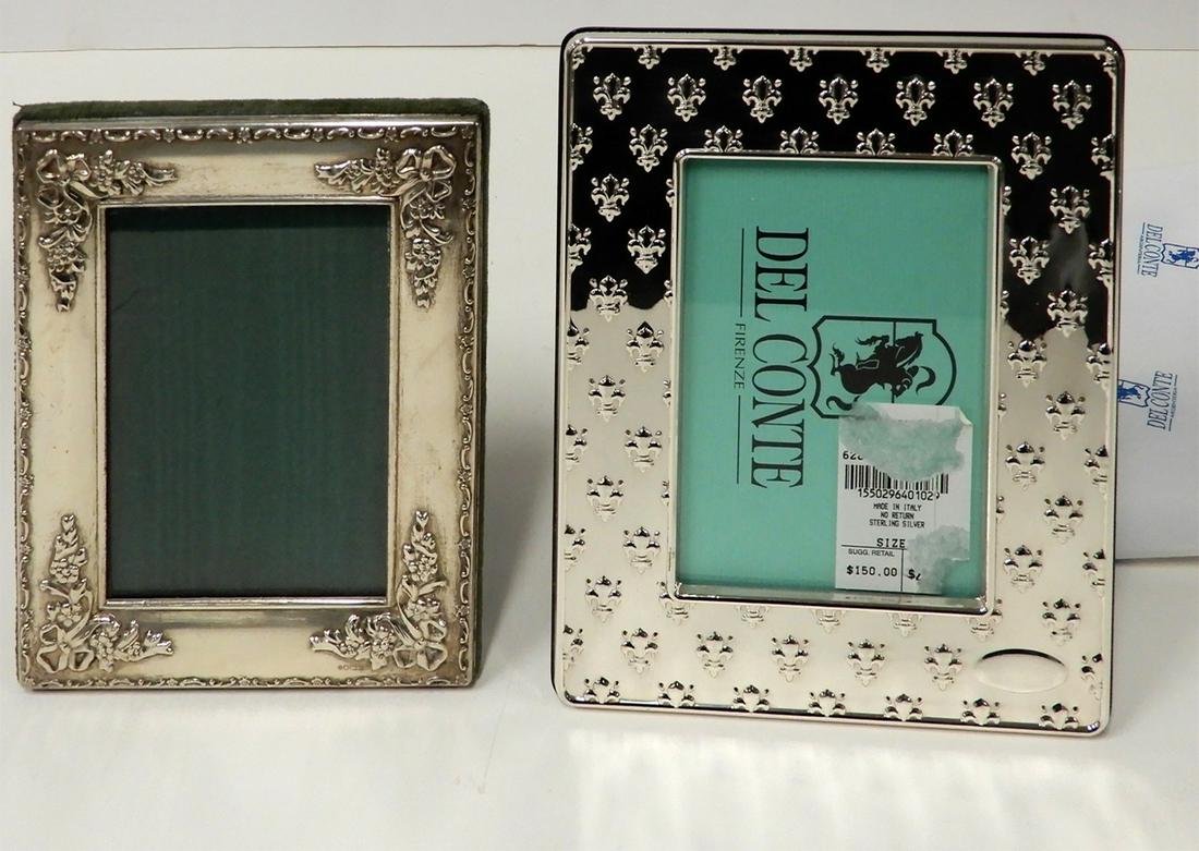 Two sterling silver picture frames: Two sterling silver picture frames with easel backs, one with embossed fleur de lis design from Del Conte, made in Italy, stamped .925 with a star, 705, F1, 6 1/2" x 8" to accommodate a 4" x 5" pictur