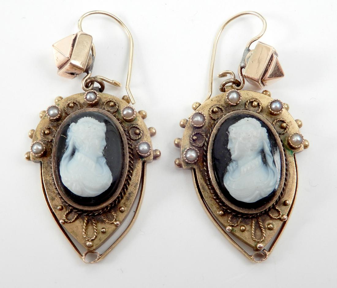 Victorian 14k gold cameo earrings: Victorian 14k gold cameo earrings, carved banded black onyx cameos, women's profile, 1 7/8" long from top of wire, seed pearls and Etruscan style granulation, small ring at bottom may have held small