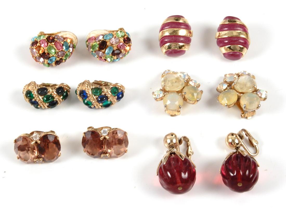 Six pairs of vintage designer costume jewelry clip: Six pairs of vintage designer costume jewelry clip earrings, included are K.J.L. (Kenneth J. Lane) multi-color rhinestone, lucite marked Made in Italy, purple rhinestone stamped Tarin 925, blue and gr