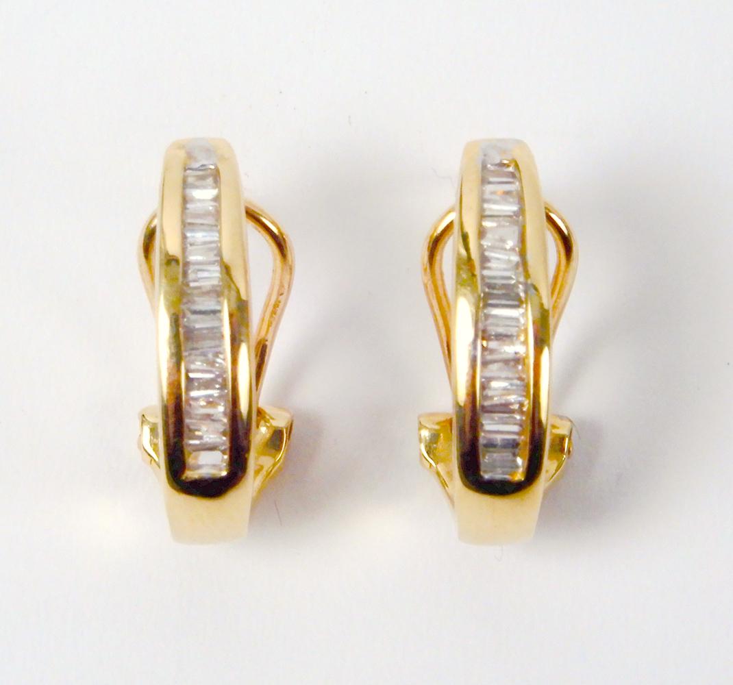Modern 14k gold half hoop diamond earrings: Modern 14k gold half hoop diamond earrings, 5/8" long, channel set baguette shaped diamonds, pierced Omega lever back design, stamped 14k, weight 3.2 grams/2.1 dwt