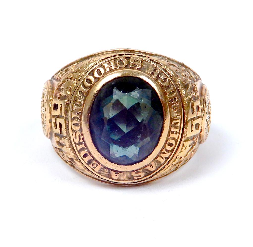 Men's 10k gold school ring with green stone: Men's 10k gold school ring with green stone, Thomas A. Edison High School, Philadelphia Pa., 1965, faceted oval dark green stone, 11/16" wide at center, size 8.5, stamped Martin 10k, weight 14.8 grams