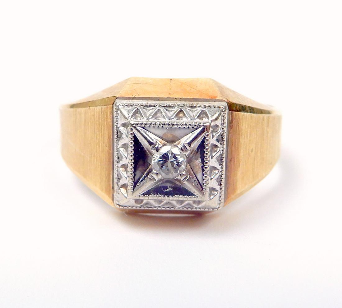 Gent's two tone 10k gold diamond ring: Gent's two tone 10k gold diamond ring, square design in white gold with small diamond, 3/8" x 3/8", beveled edge shank in yellow gold with Florentine finish, size 10.75, stamped 10k, weight 4.6 grams/