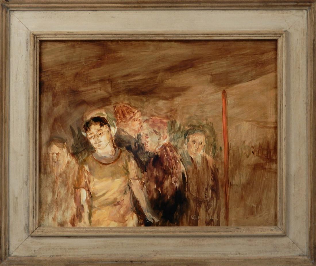 Seymour Remenick oil on board: Seymour Remenick oil on board, figures, unsigned, sight size 9 1/2" x 12", frame size 13" x 15 1/2", numbered on verso